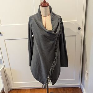 PURE Handknit ANTHROPOLOGIE M/L Gray  Fringed Cardigan Asymmetric Boho Cowl Neck